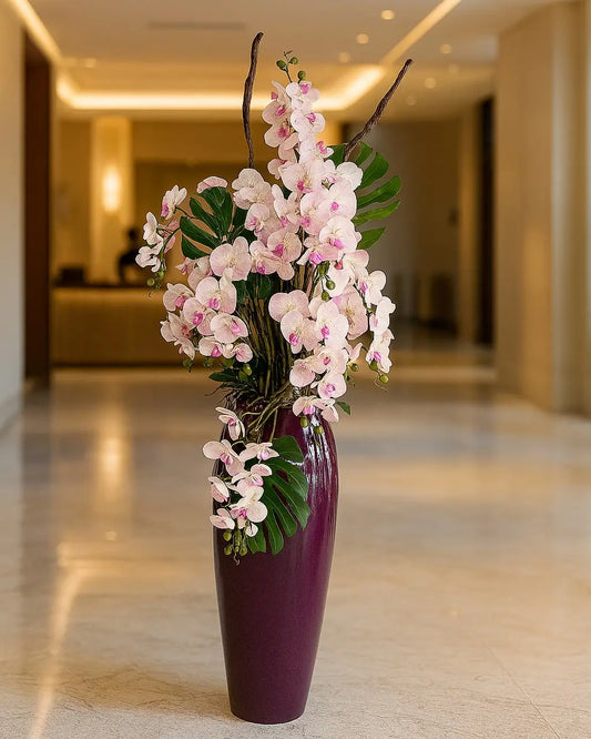 Tall Artificial Purple Orchid Arrangement with Monstera Leaves Modern Vase