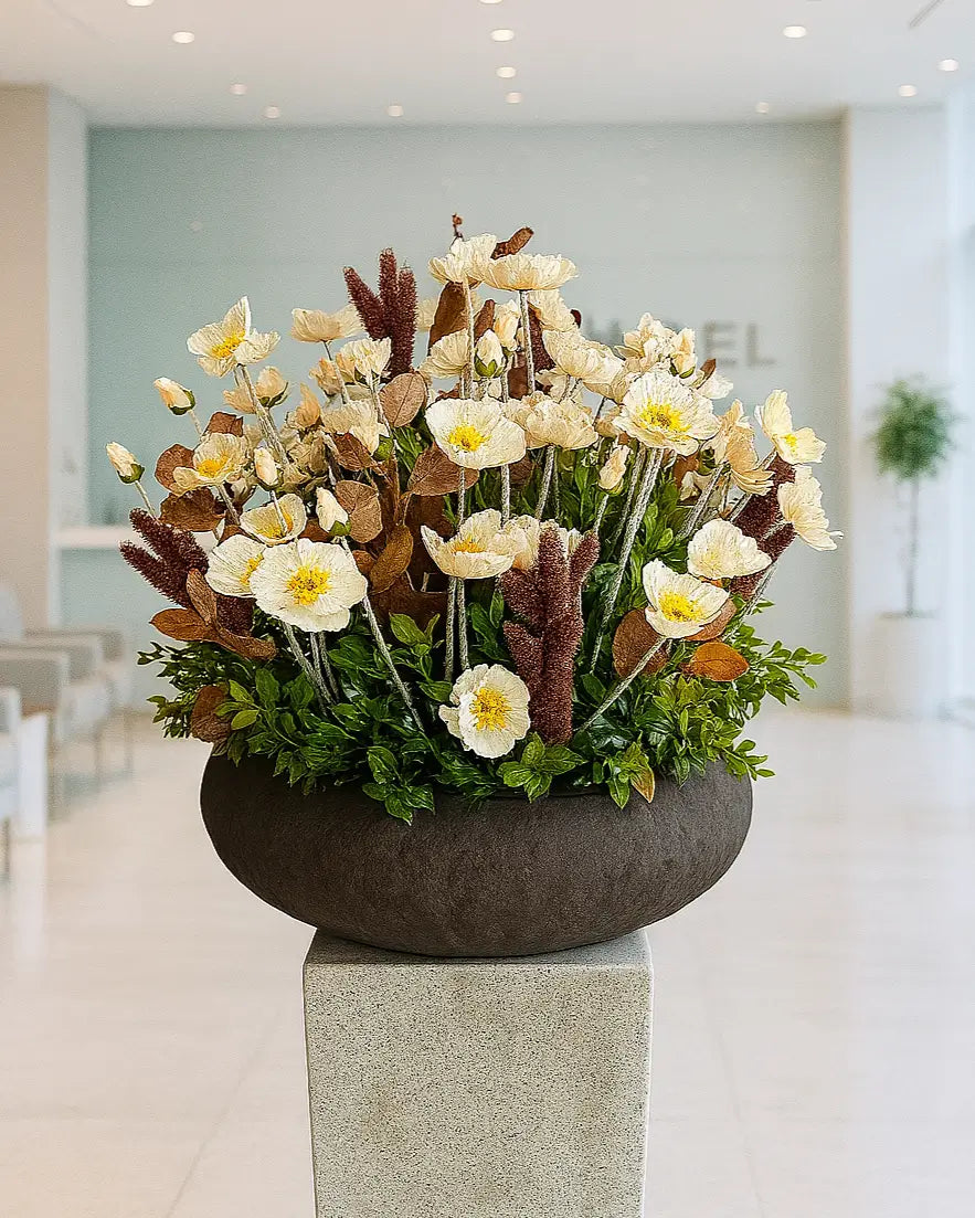 Elegant Faux Poppy & Eucalyptus Floral Arrangement with Designer Vase