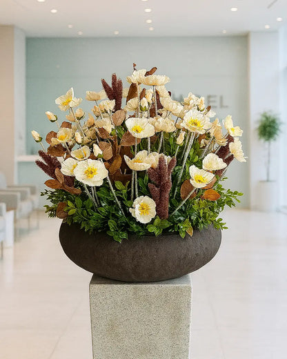 Elegant Faux Poppy & Eucalyptus Floral Arrangement with Designer Vase