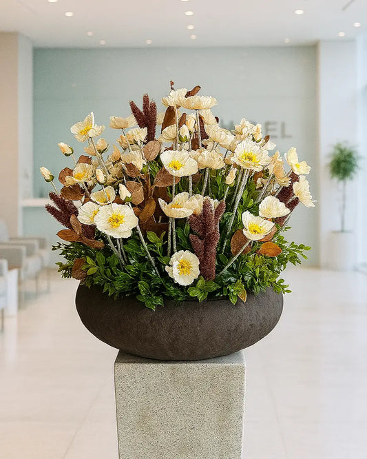 Elegant Faux Poppy & Eucalyptus Floral Arrangement with Designer Vase