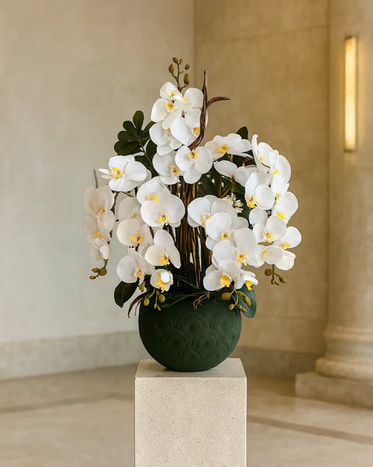 Elegant White Phalaenopsis Artificial Orchid Arrangement Emerald Ceramic Pot