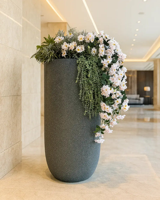 Elegant Artificial Azalea Waterfall Plant Arrangement in Modern Graphite Vase