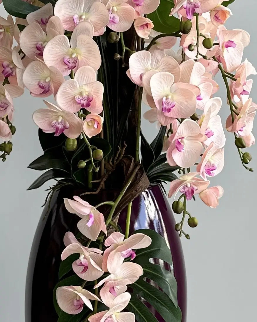 Tall Artificial Purple Orchid Arrangement with Monstera Leaves Modern Vase