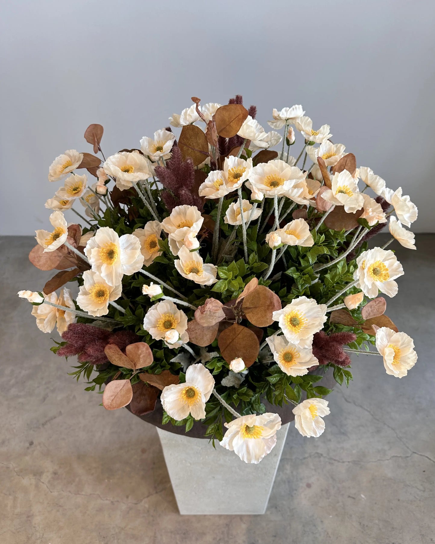 Elegant Faux Poppy & Eucalyptus Floral Arrangement with Designer Vase