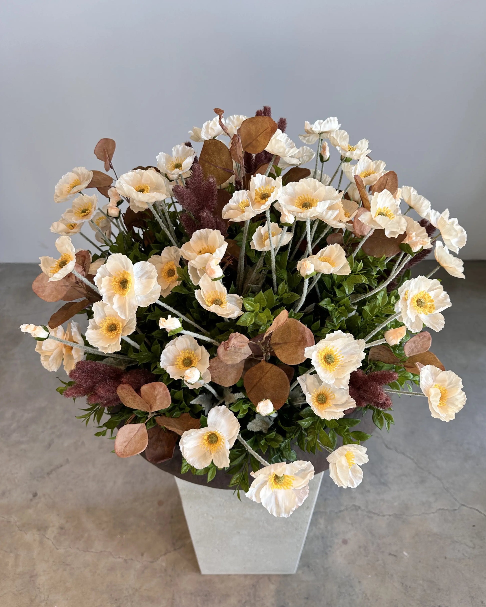 Elegant Faux Poppy & Eucalyptus Floral Arrangement with Designer Vase