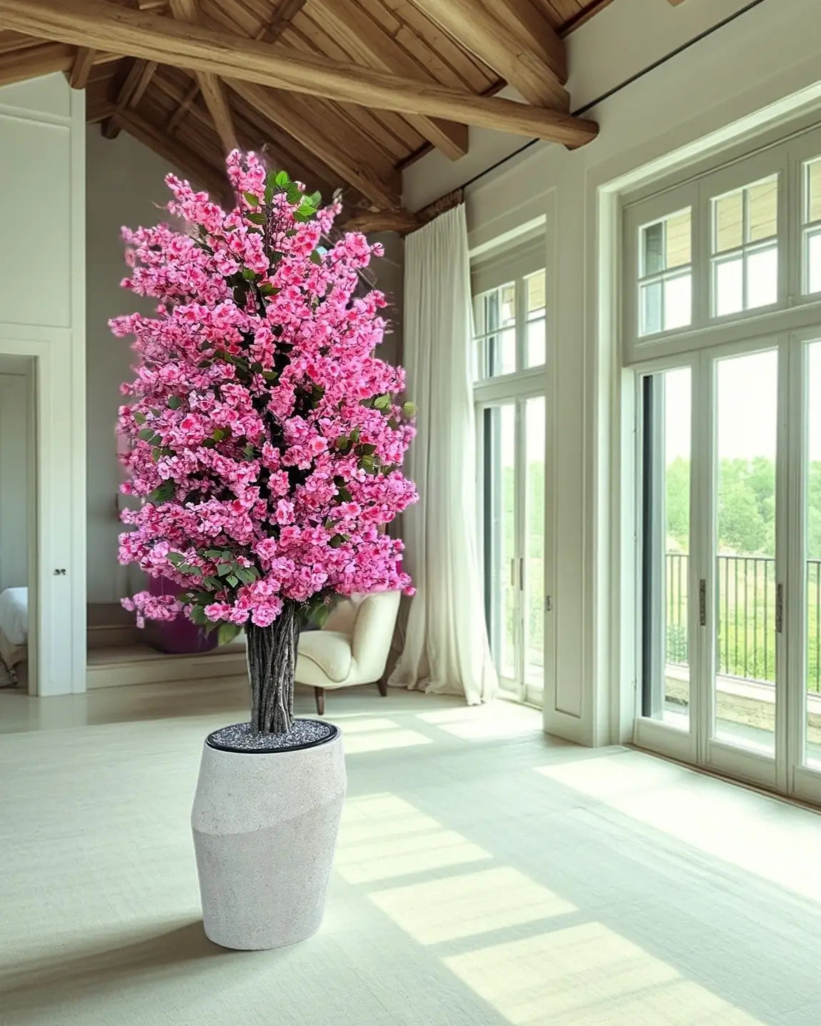 Elegant Artificial Royal Pink Sakura Tree with Asymmetric Concrete Vase