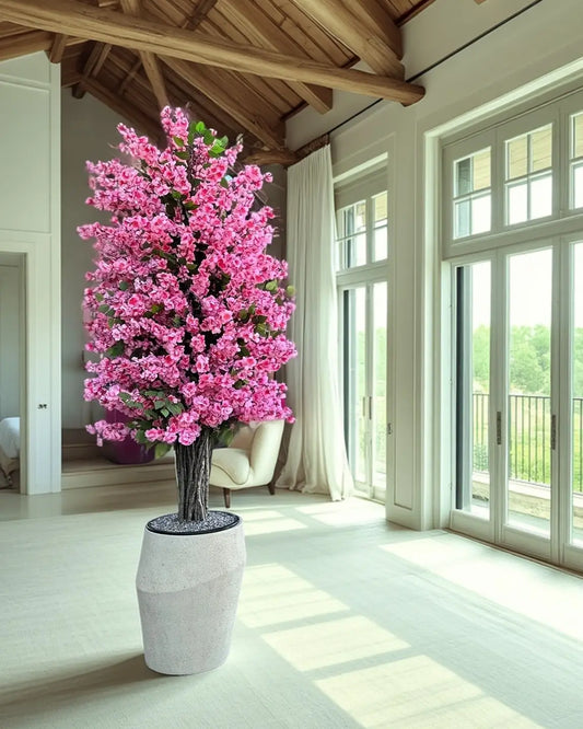 Elegant Artificial Royal Pink Sakura Tree with Asymmetric Concrete Vase
