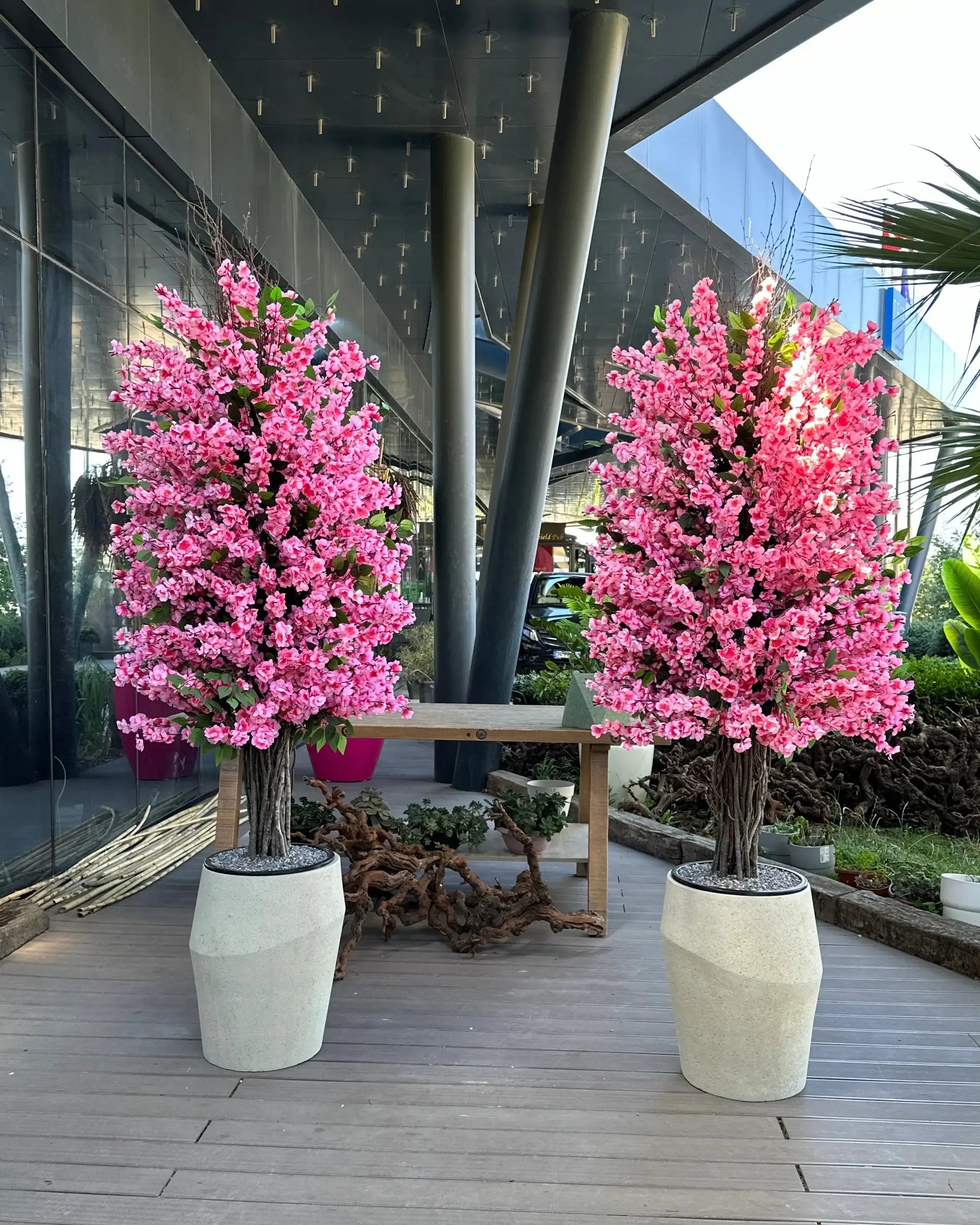 Elegant Artificial Royal Pink Sakura Tree with Asymmetric Concrete Vase