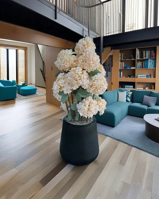 Elegant Cream Hydrangea Artificial Bush Tree with Modern Concrete Planter