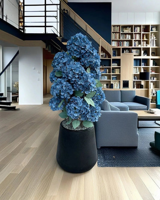 Lifelike Faux Hydrangea Bush Blue Bloom Modern Decor Concrete Planter