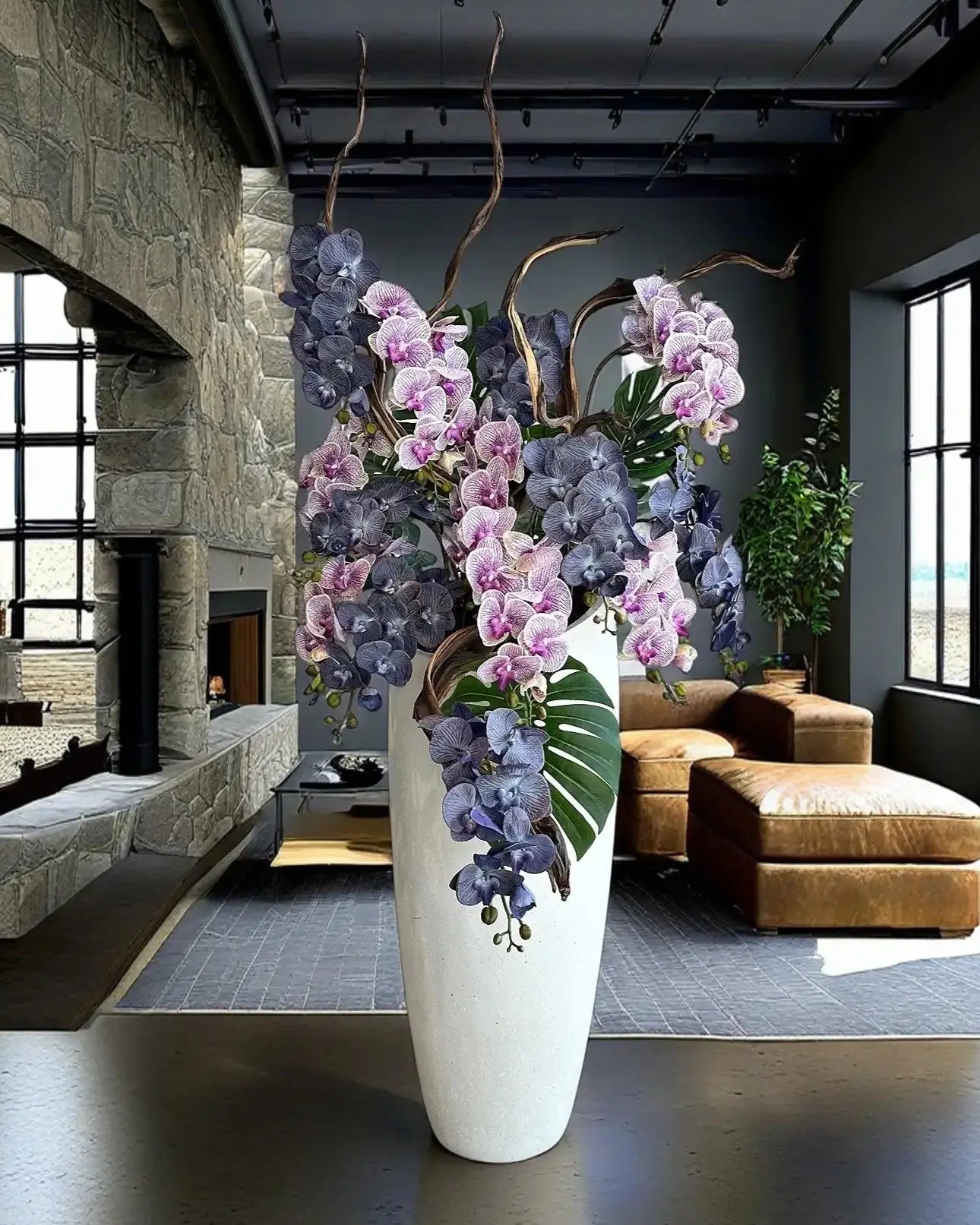 Luxurious Grand Artificial White Orchid Floral Arrangement with Tall Vase