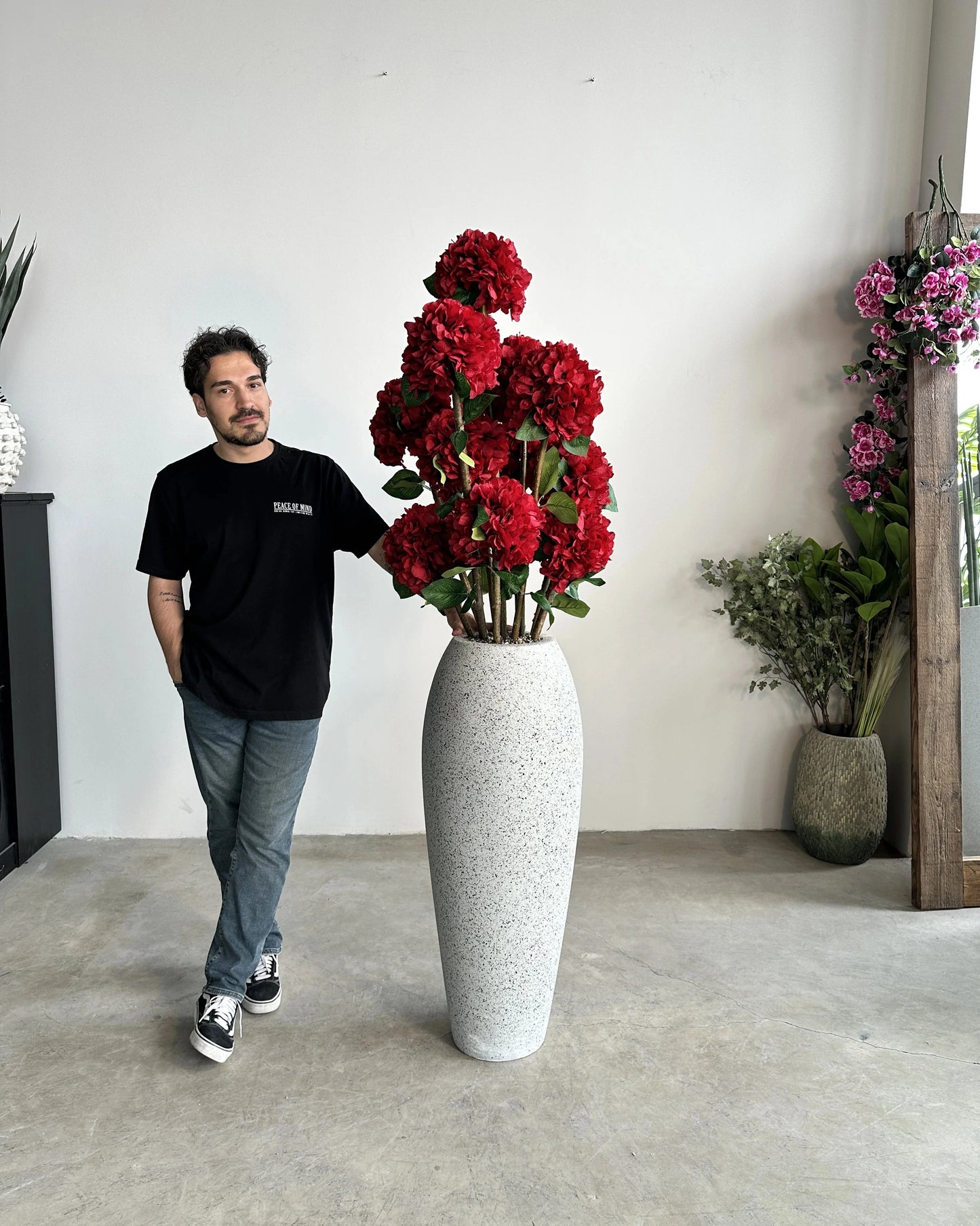 Elegant Artificial Ruby Hydrangea Bush Tree with Optional Decorative Vase