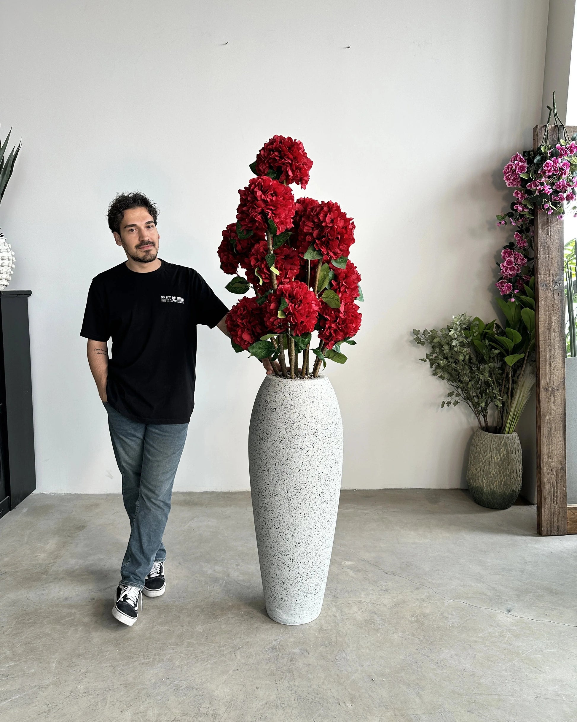 Elegant Artificial Ruby Hydrangea Bush Tree with Optional Decorative Vase