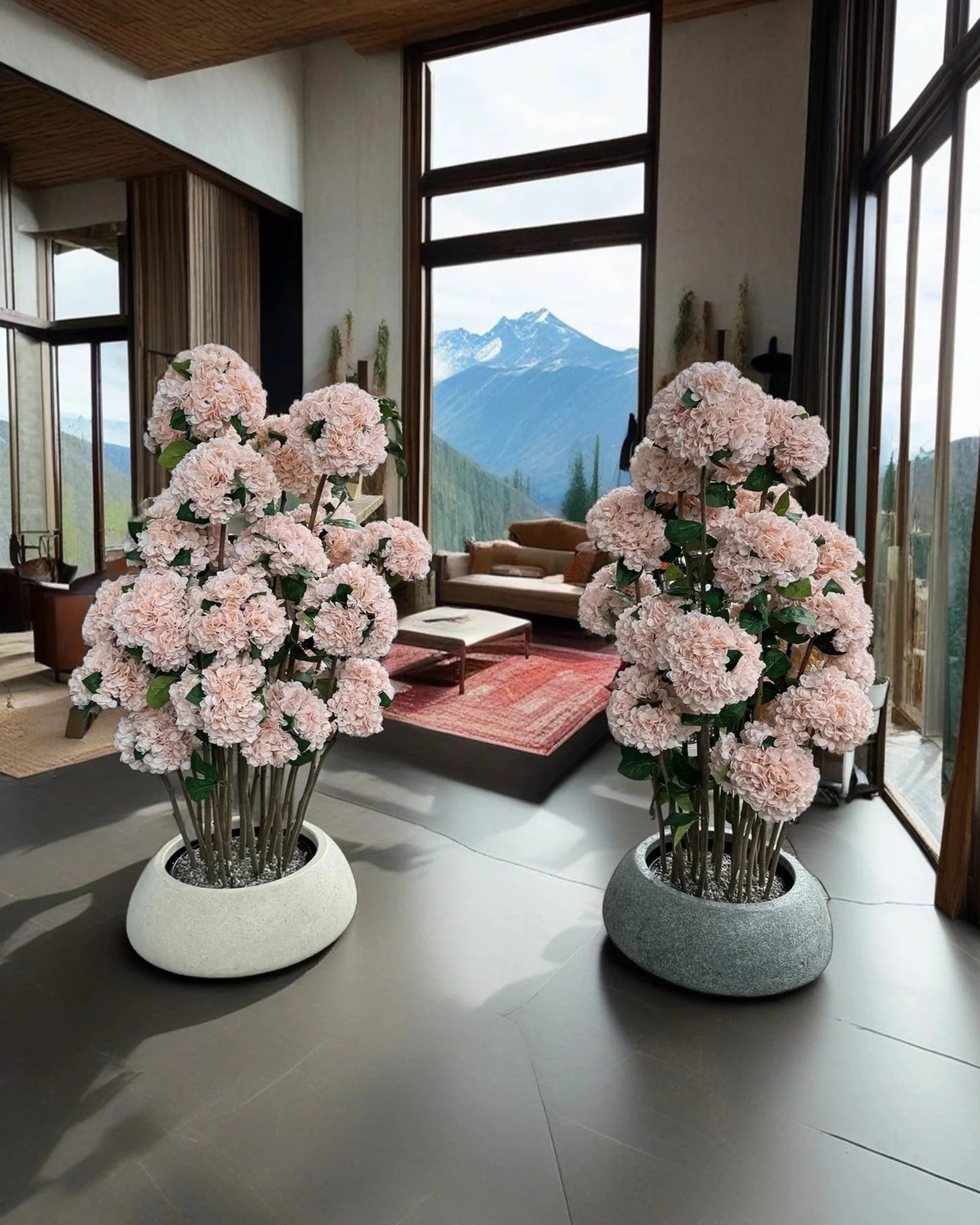 Premium Faux Hydrangea Tree with Black Stone Vase - Lifelike Pink Blooms