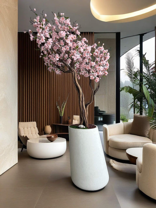 Premium Artificial Sakura Cherry Blossom Tree with Asymmetrical Concrete Vase