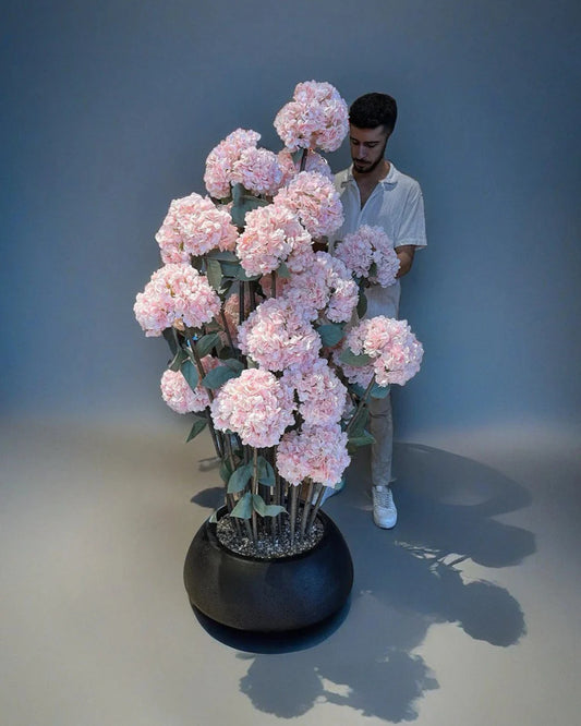 Premium Faux Hydrangea Tree with Black Stone Vase - Lifelike Pink Blooms