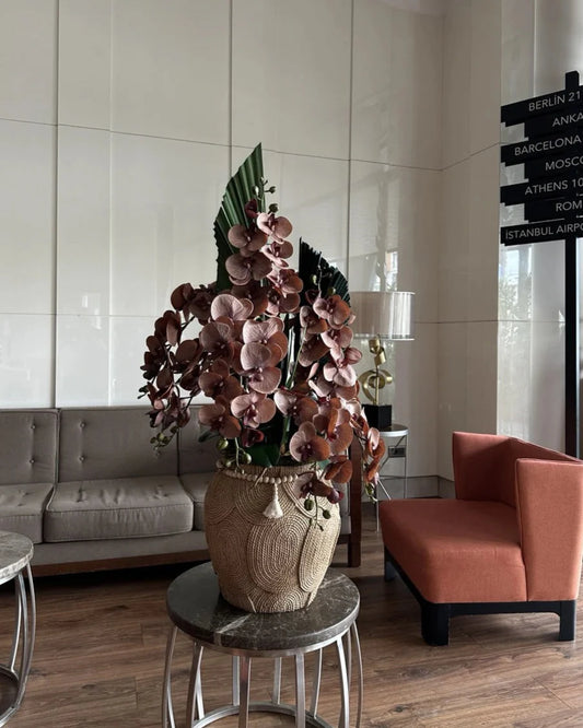Elegant Tall Artificial Orchid Arrangement, Realistic Brown Flowers, Woven Vase Decor